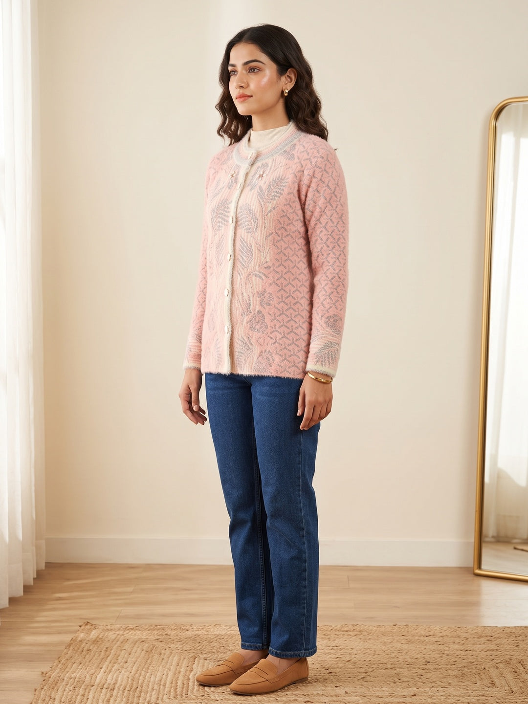 Elegant Pink Woven Woolen Cardigan with Straight Cut Design for Winter Layering - Image 2