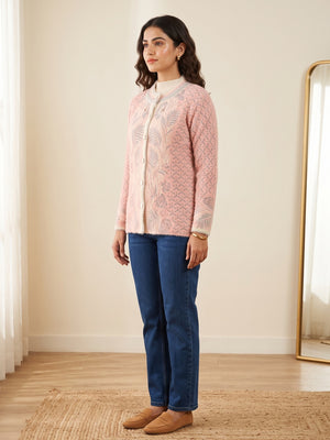 Elegant Pink Woven Woolen Cardigan with Straight Cut Design for Winter Layering - Image 2