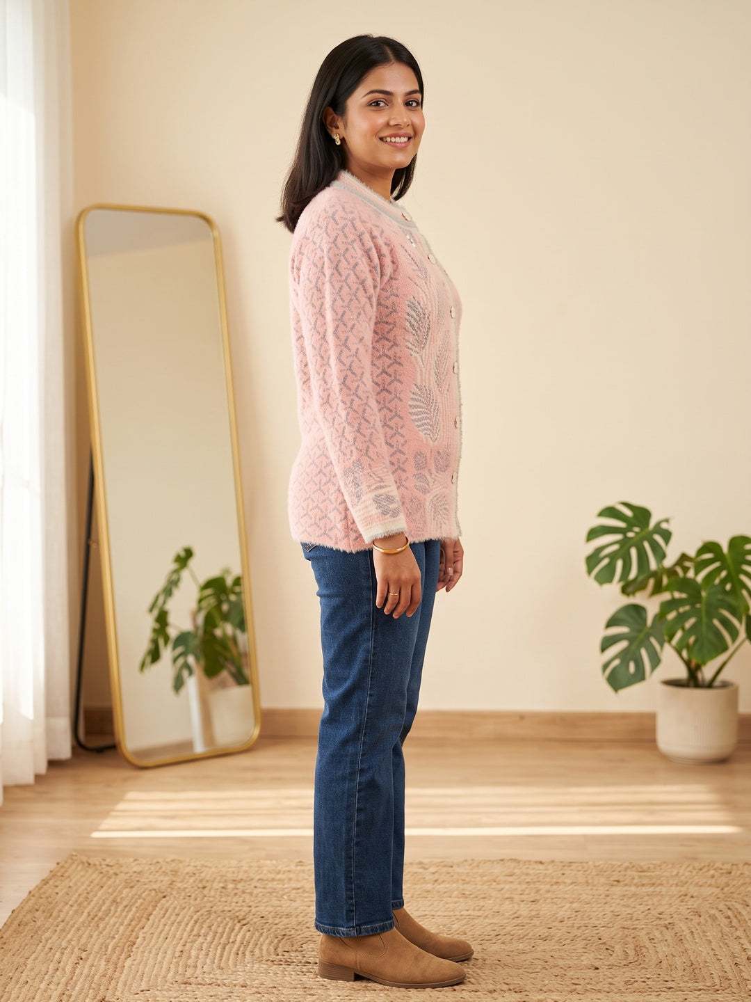 Elegant Pink Woven Woolen Cardigan with Straight Cut Design for Winter Layering - Image 3