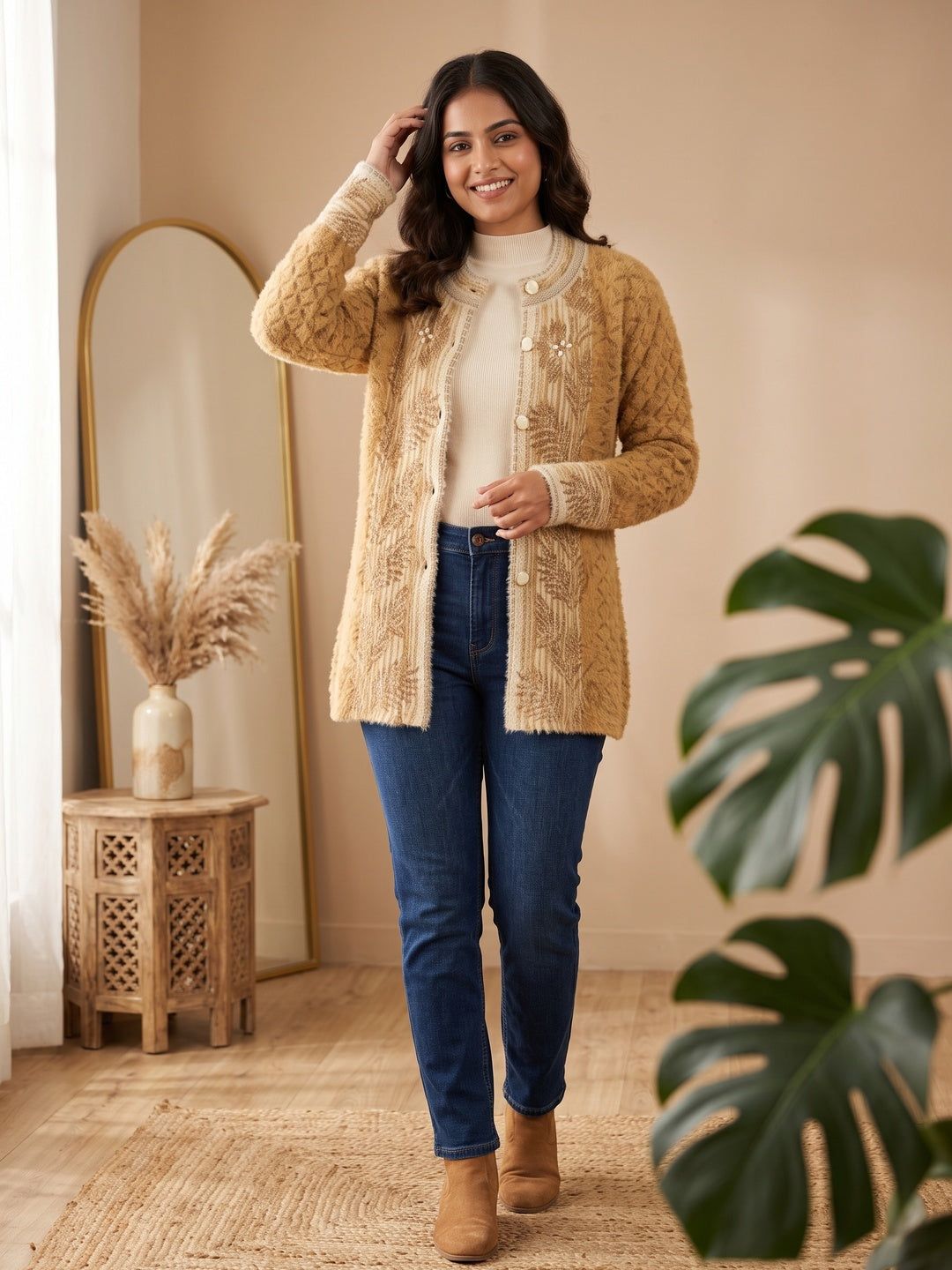 Elegant Mustard Woven Woolen Cardigan with Straight Cut Design for Winter Layering - Image 1