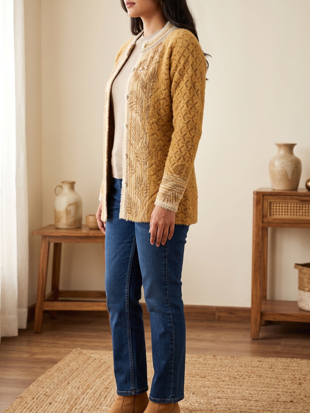 Elegant Mustard Woven Woolen Cardigan with Straight Cut Design for Winter Layering - Image 2