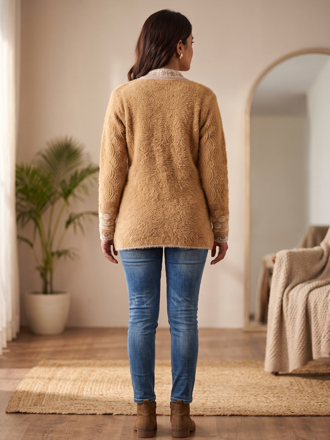 Elegant Brown Woven Woolen Cardigan with Straight Cut Design for Winter Layering - Image 4