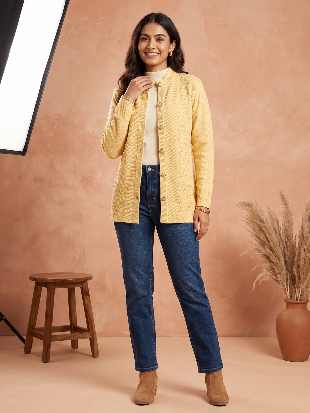 Comfortable Yellow Wool Cardigan with Decorative Beads for Everyday Winter Style - Image 1