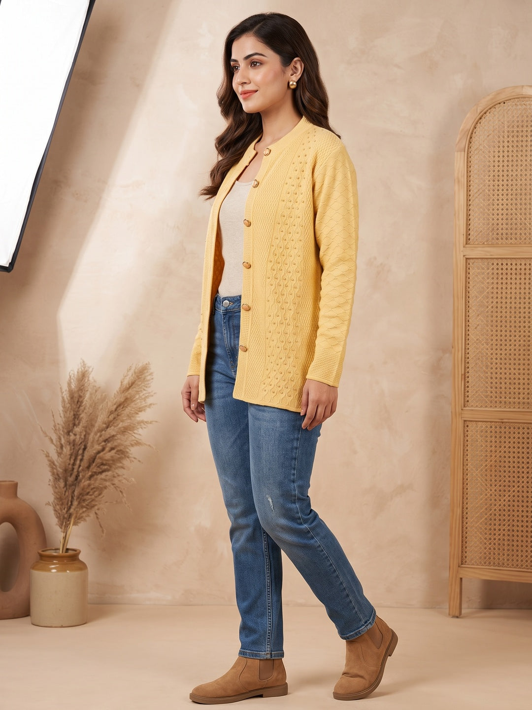 Comfortable Yellow Wool Cardigan with Decorative Beads for Everyday Winter Style - Image 2