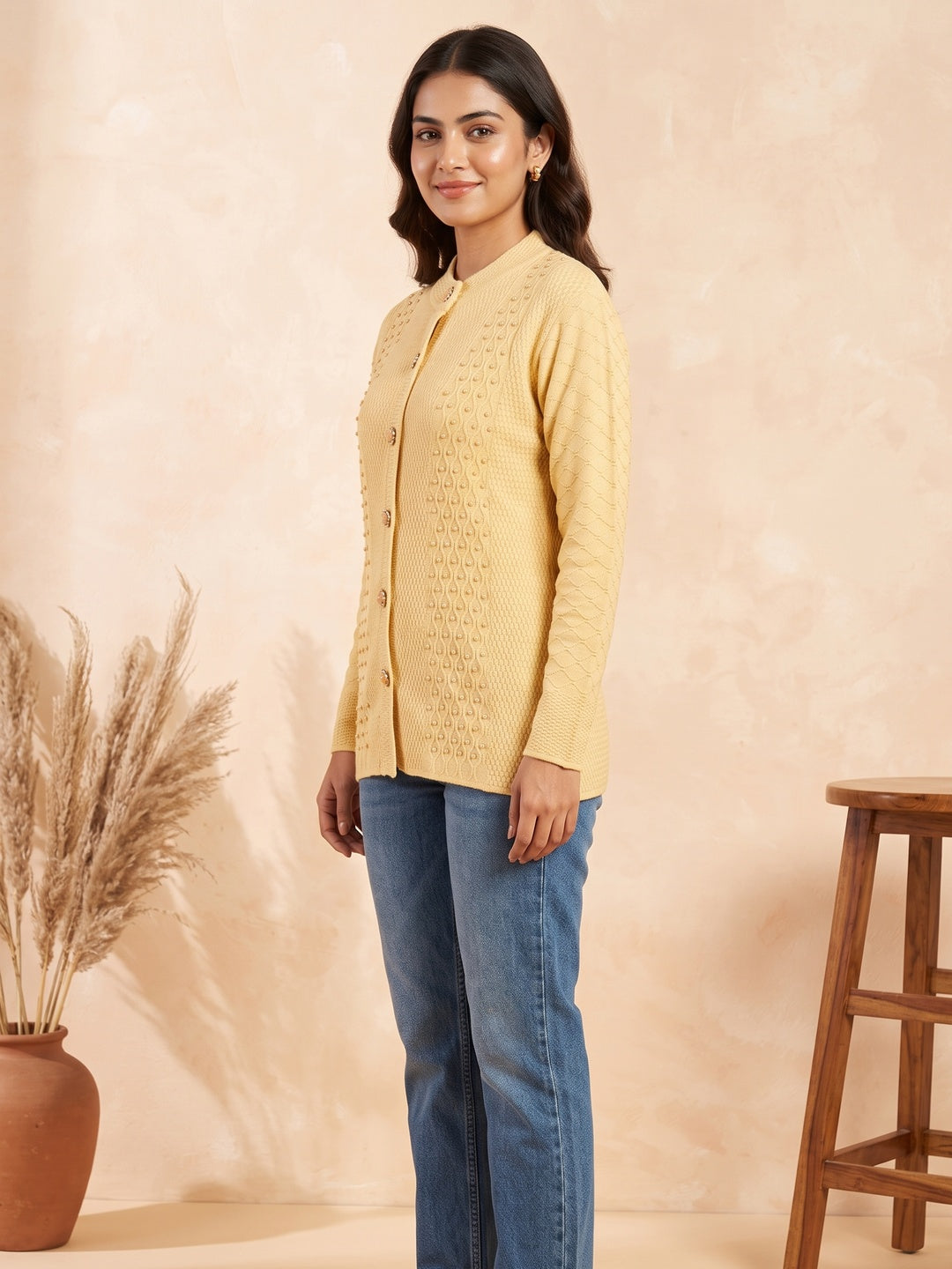 Comfortable Yellow Wool Cardigan with Decorative Beads for Everyday Winter Style - Image 3