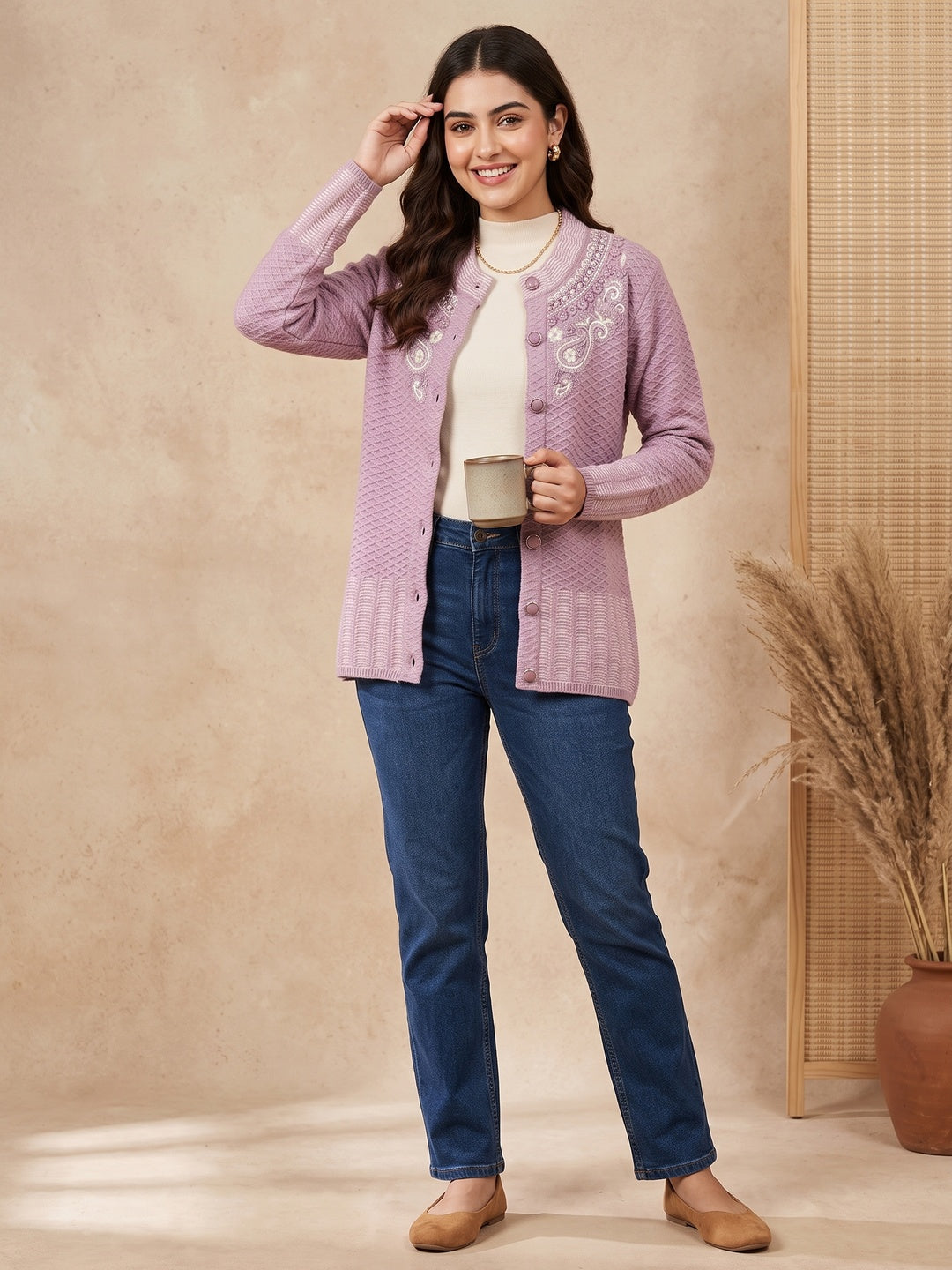Graceful Lavender Woolen Cardigan with Thread Work Embroidery for a Soft Winter Look - Image 1