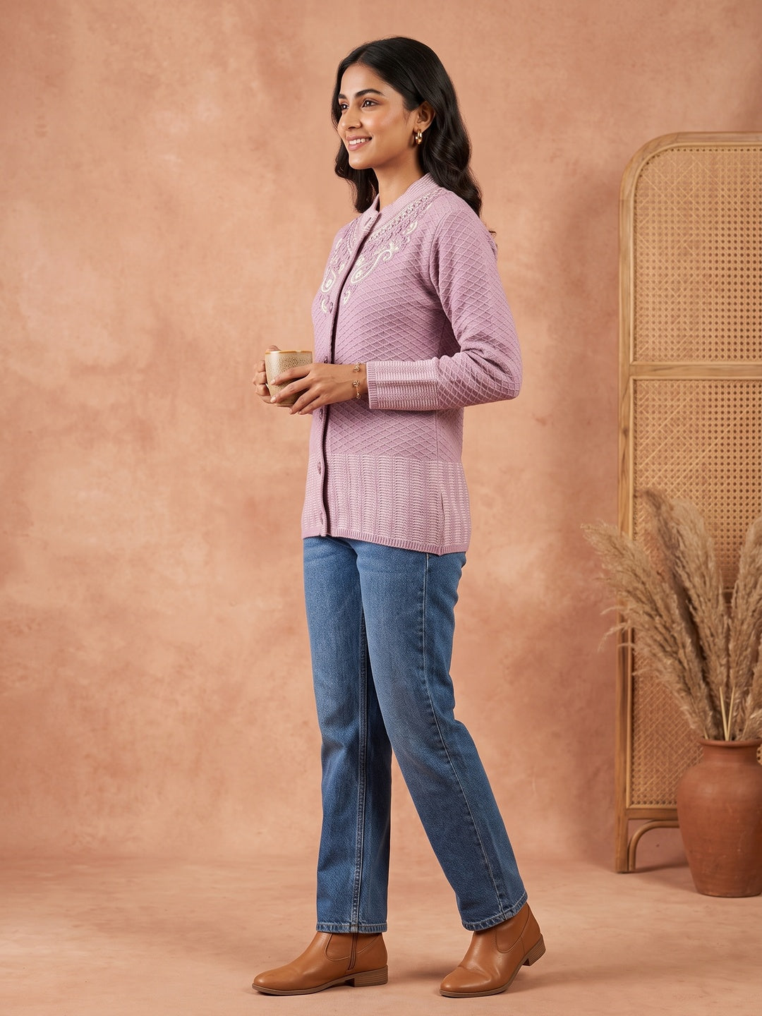 Graceful Lavender Woolen Cardigan with Thread Work Embroidery for a Soft Winter Look - Image 2