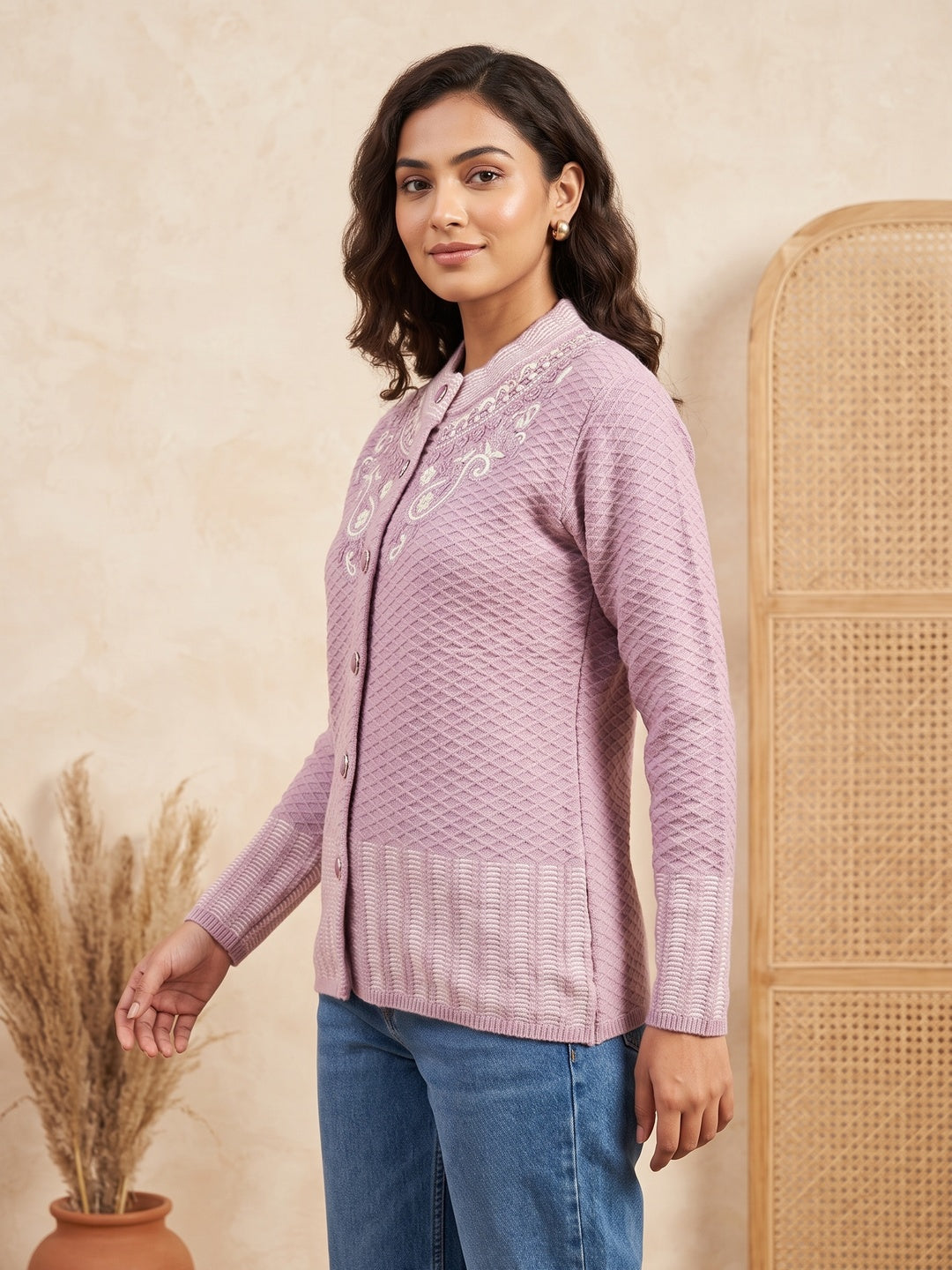 Graceful Lavender Woolen Cardigan with Thread Work Embroidery for a Soft Winter Look - Image 3