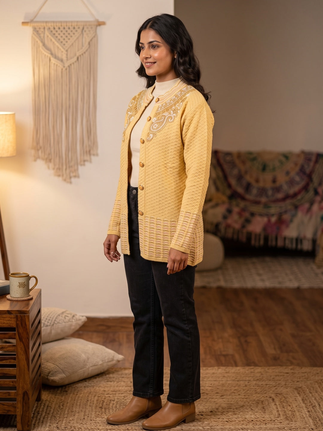 Graceful Yellow Woolen Cardigan with Thread Work Embroidery for a Soft Winter Look - Image 2
