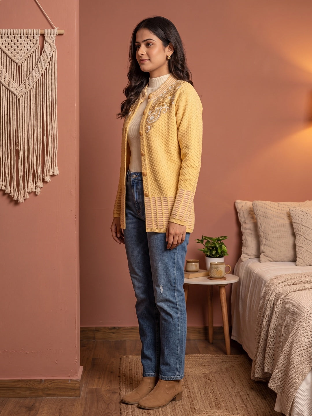 Graceful Yellow Woolen Cardigan with Thread Work Embroidery for a Soft Winter Look - Image 3