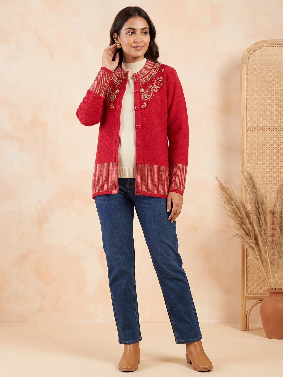 Graceful Red Woolen Cardigan with Thread Work Embroidery for a Soft Winter Look - Image 1