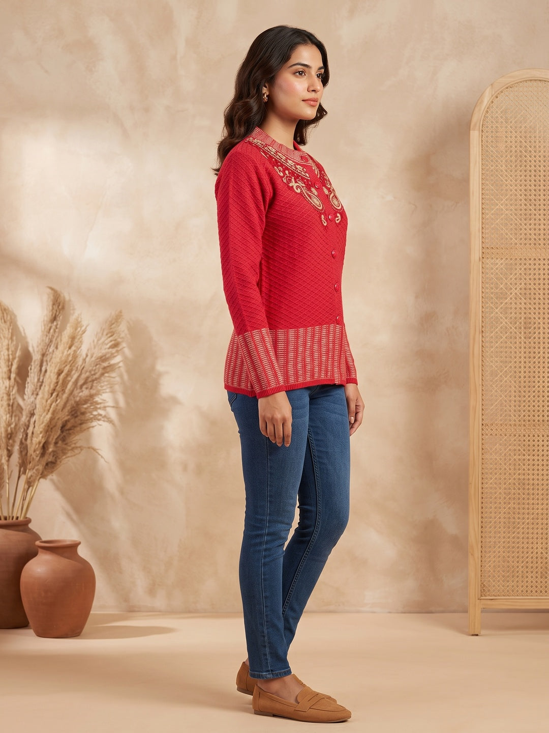 Graceful Red Woolen Cardigan with Thread Work Embroidery for a Soft Winter Look - Image 3