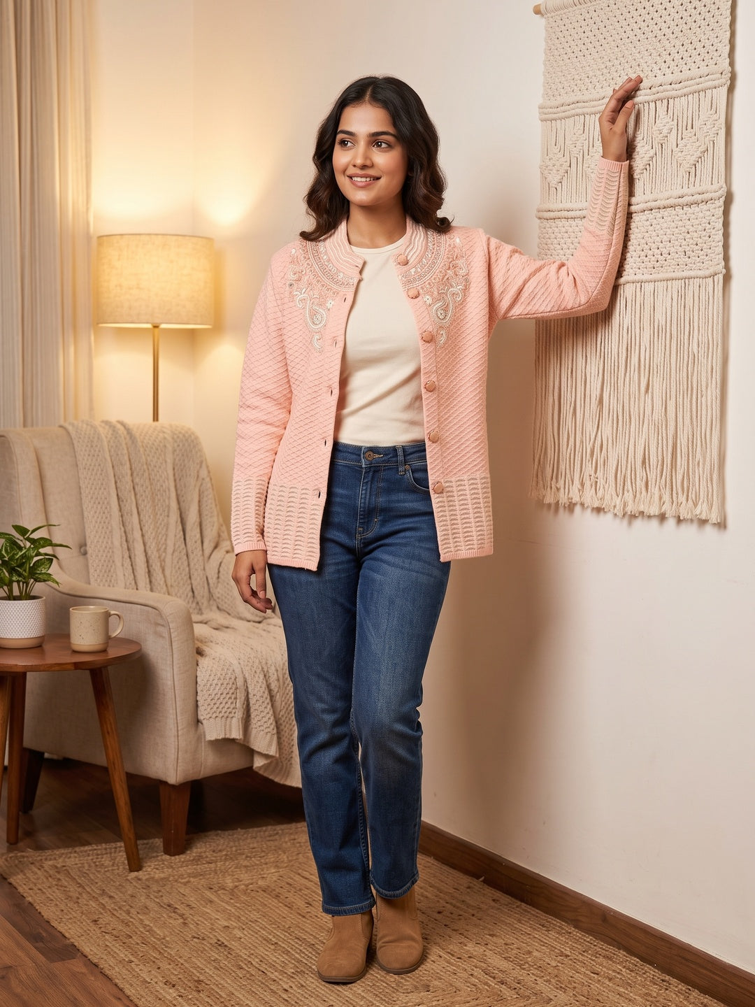 Graceful Peach Woolen Cardigan with Thread Work Embroidery for a Soft Winter Look - Image 1