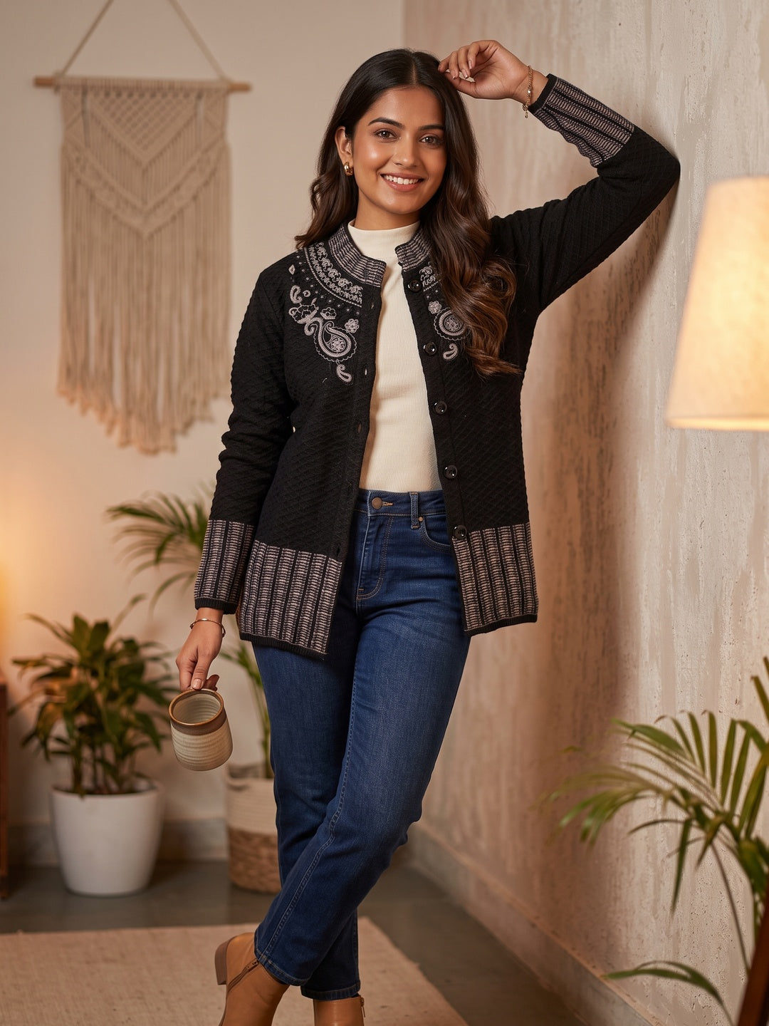 Graceful Black Woolen Cardigan with Thread Work Embroidery for a Soft Winter Look - Image 1