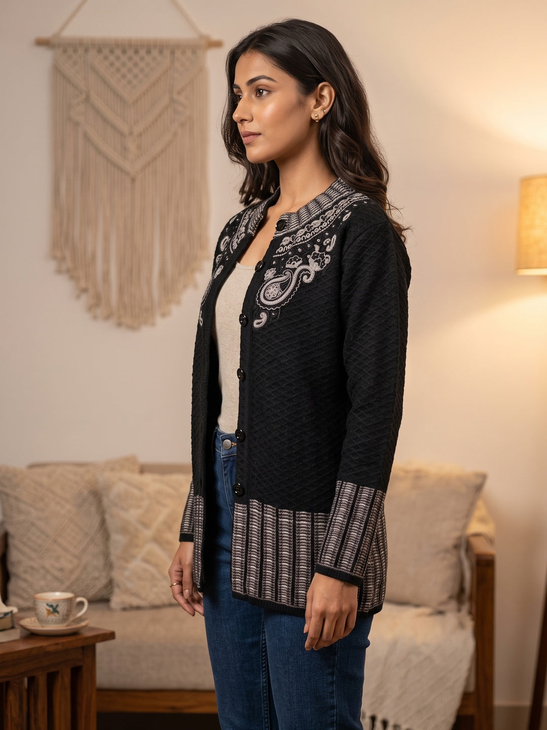 Graceful Black Woolen Cardigan with Thread Work Embroidery for a Soft Winter Look - Image 2