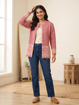 Dusty Pink Cozy Woven Wool Cardigan Designed For Comfortable Winter Layering - Image 1