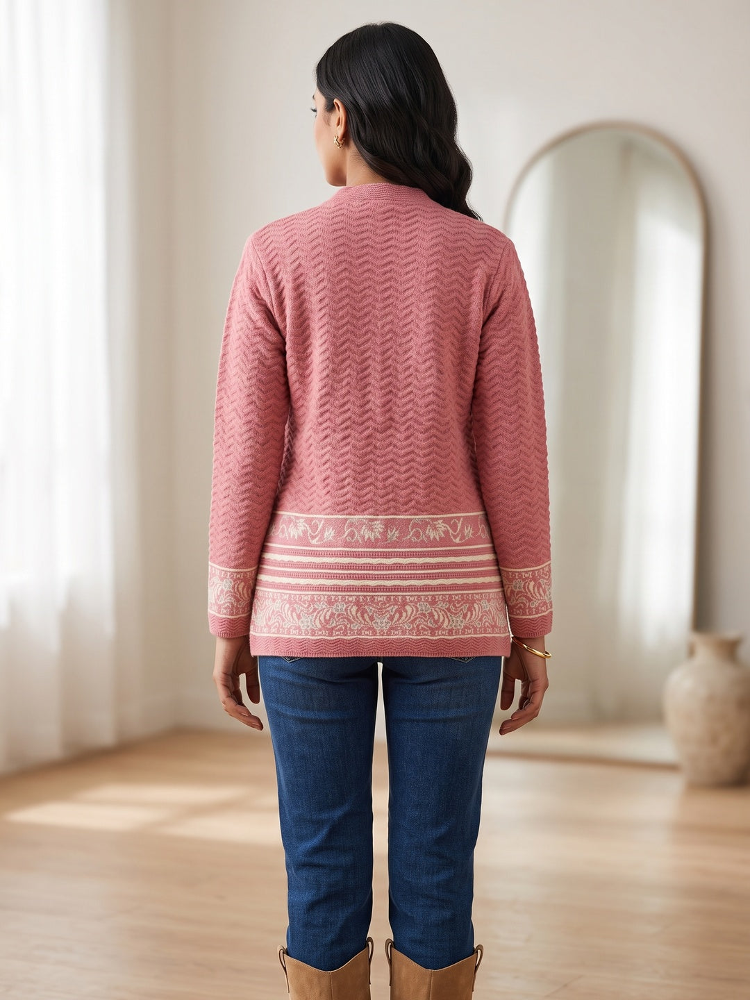 Dusty Pink Cozy Woven Wool Cardigan Designed For Comfortable Winter Layering - Image 4