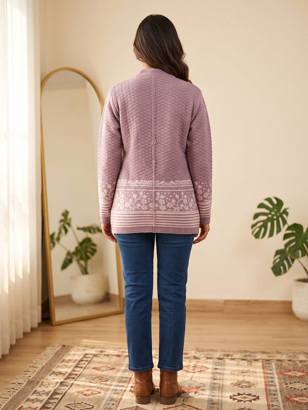 Lavender Cozy Woven Wool Cardigan Designed For Comfortable Winter Layering - Image 4