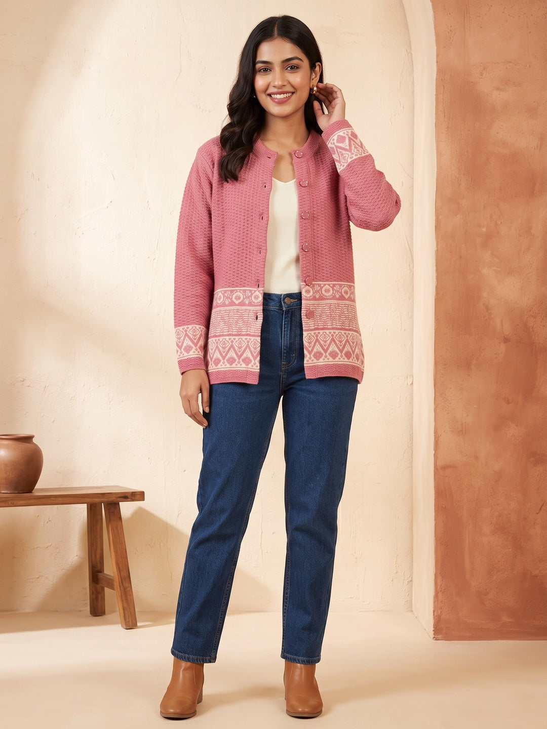 Pink Cozy Woven Wool Cardigan Designed For Comfortable Winter Layering - Image 1