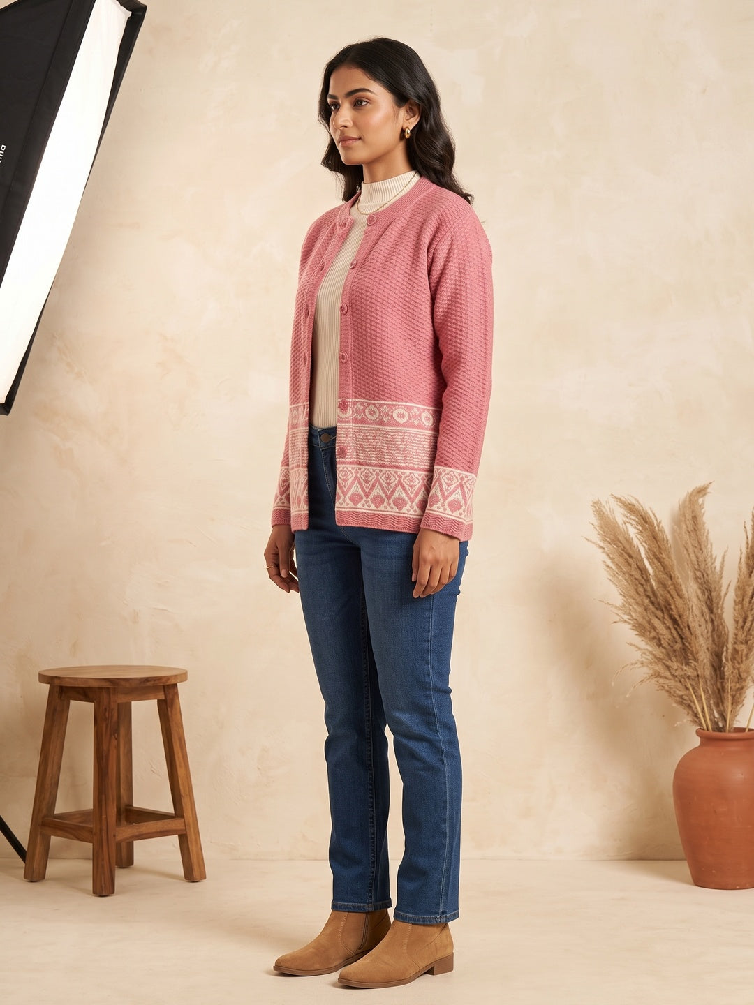 Pink Cozy Woven Wool Cardigan Designed For Comfortable Winter Layering - Image 2