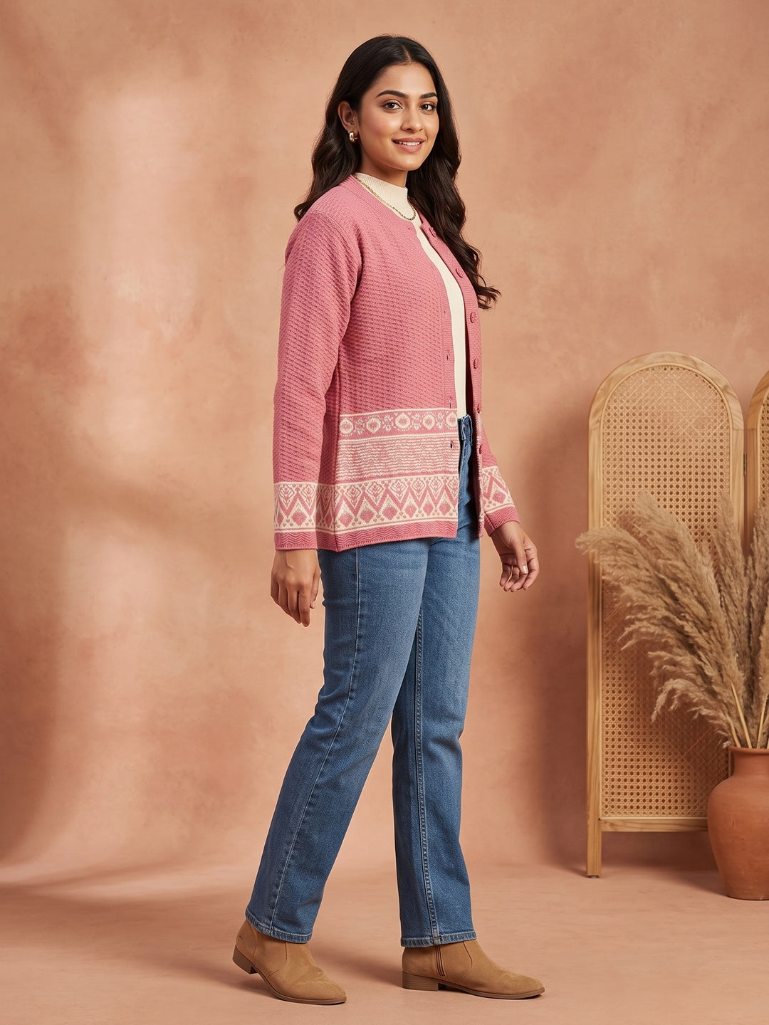 Pink Cozy Woven Wool Cardigan Designed For Comfortable Winter Layering - Image 3