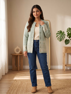 Pista Green Cozy Woven Wool Cardigan Designed For Comfortable Winter Layering - Image 1