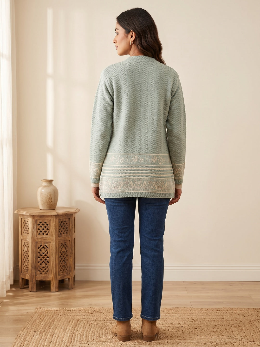 Pista Green Cozy Woven Wool Cardigan Designed For Comfortable Winter Layering - Image 4