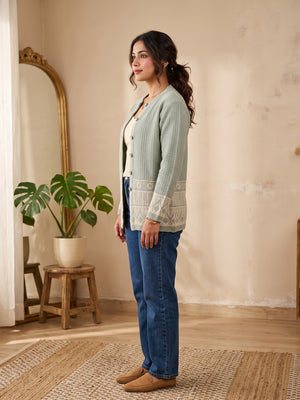 Pista Green Woven Wool Cardigan Designed For Comfortable Winter Layering - Image 2