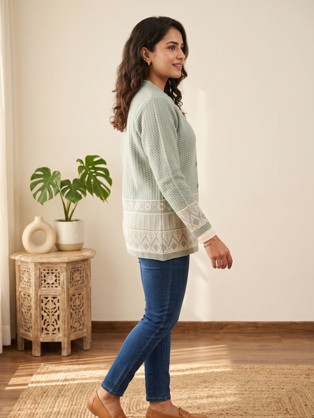 Pista Green Woven Wool Cardigan Designed For Comfortable Winter Layering - Image 3