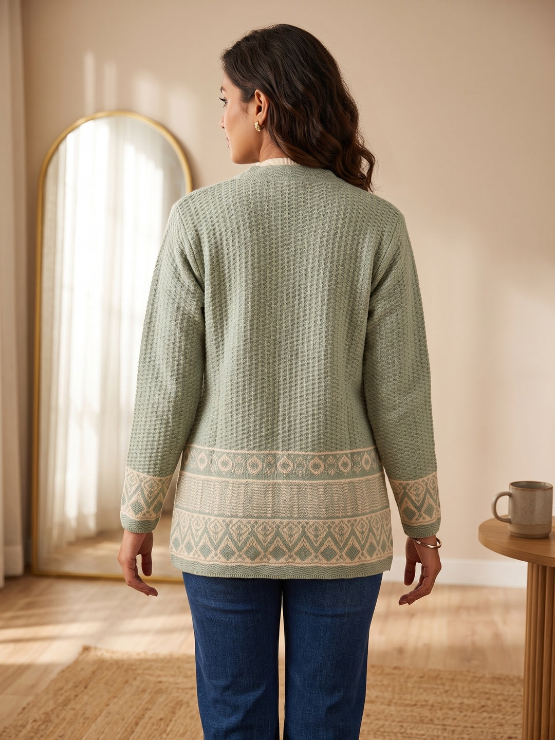 Pista Green Woven Wool Cardigan Designed For Comfortable Winter Layering - Image 4