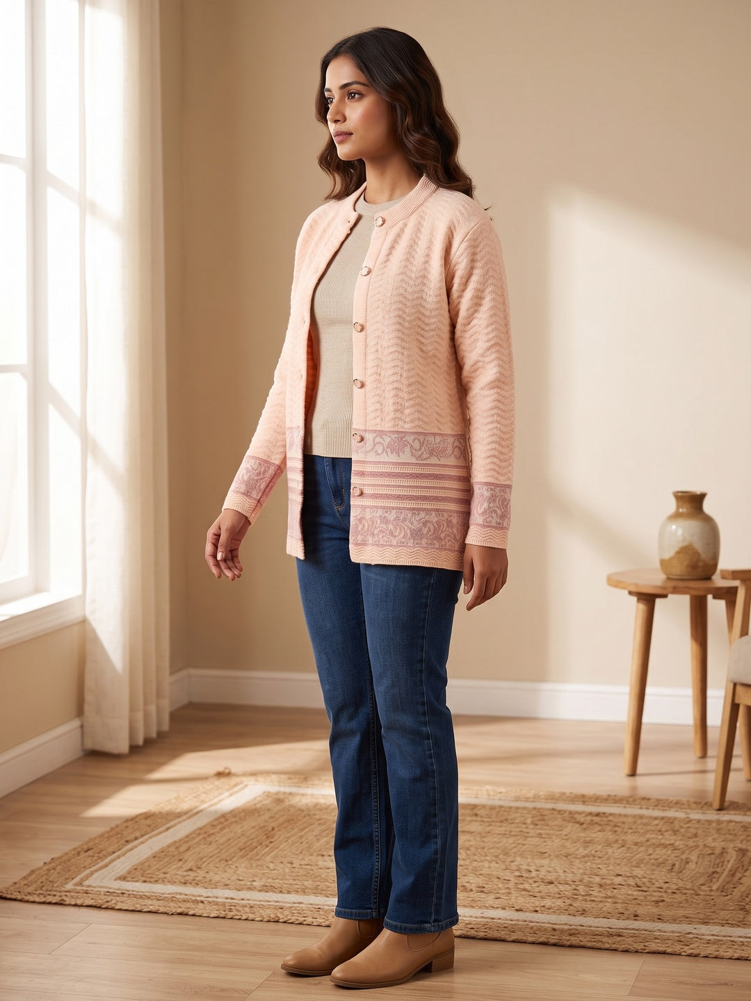Peach Comfort Woven Wool Cardigan Designed For Comfortable Winter Layering - Image 2