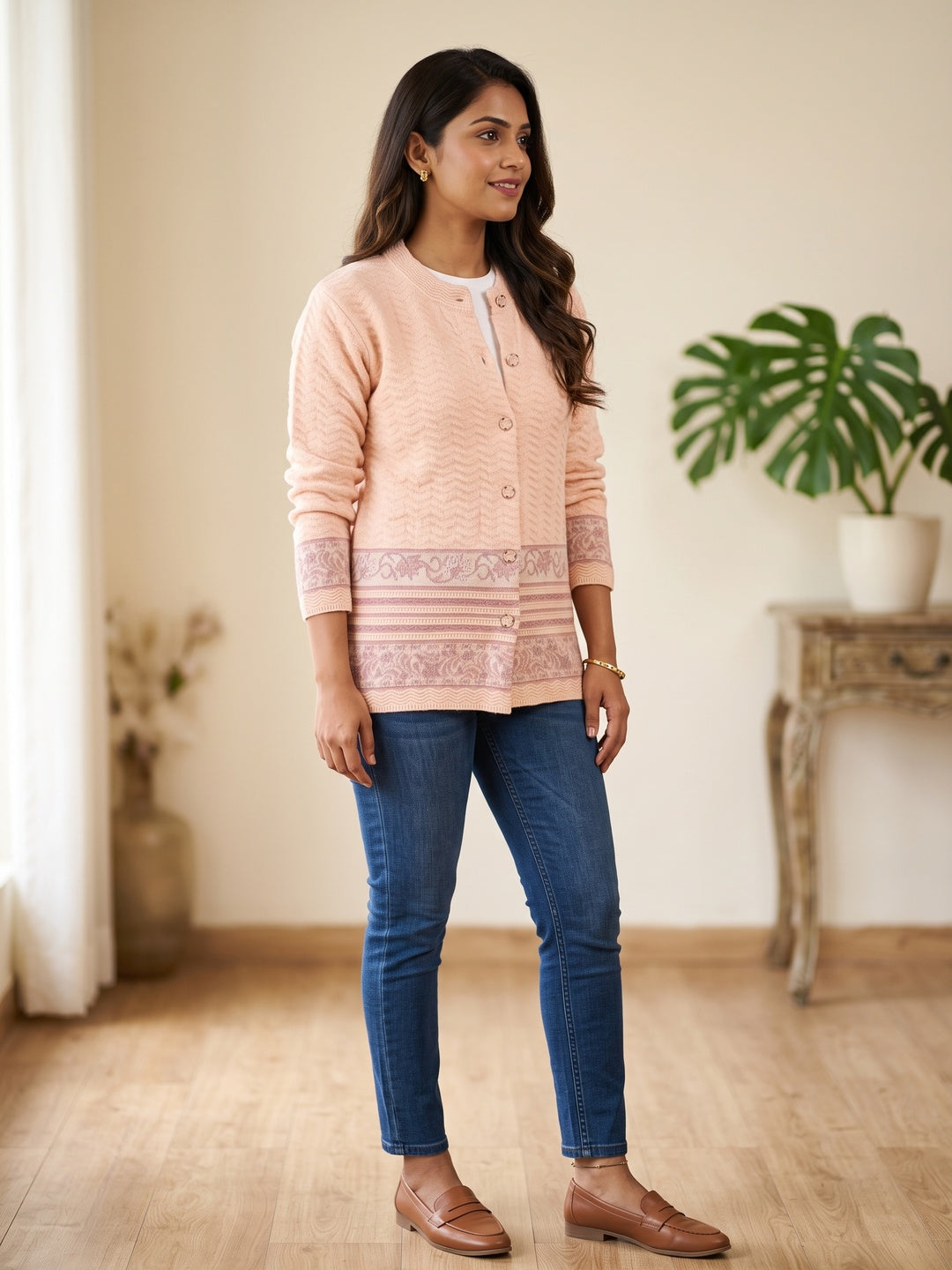 Peach Comfort Woven Wool Cardigan Designed For Comfortable Winter Layering - Image 3