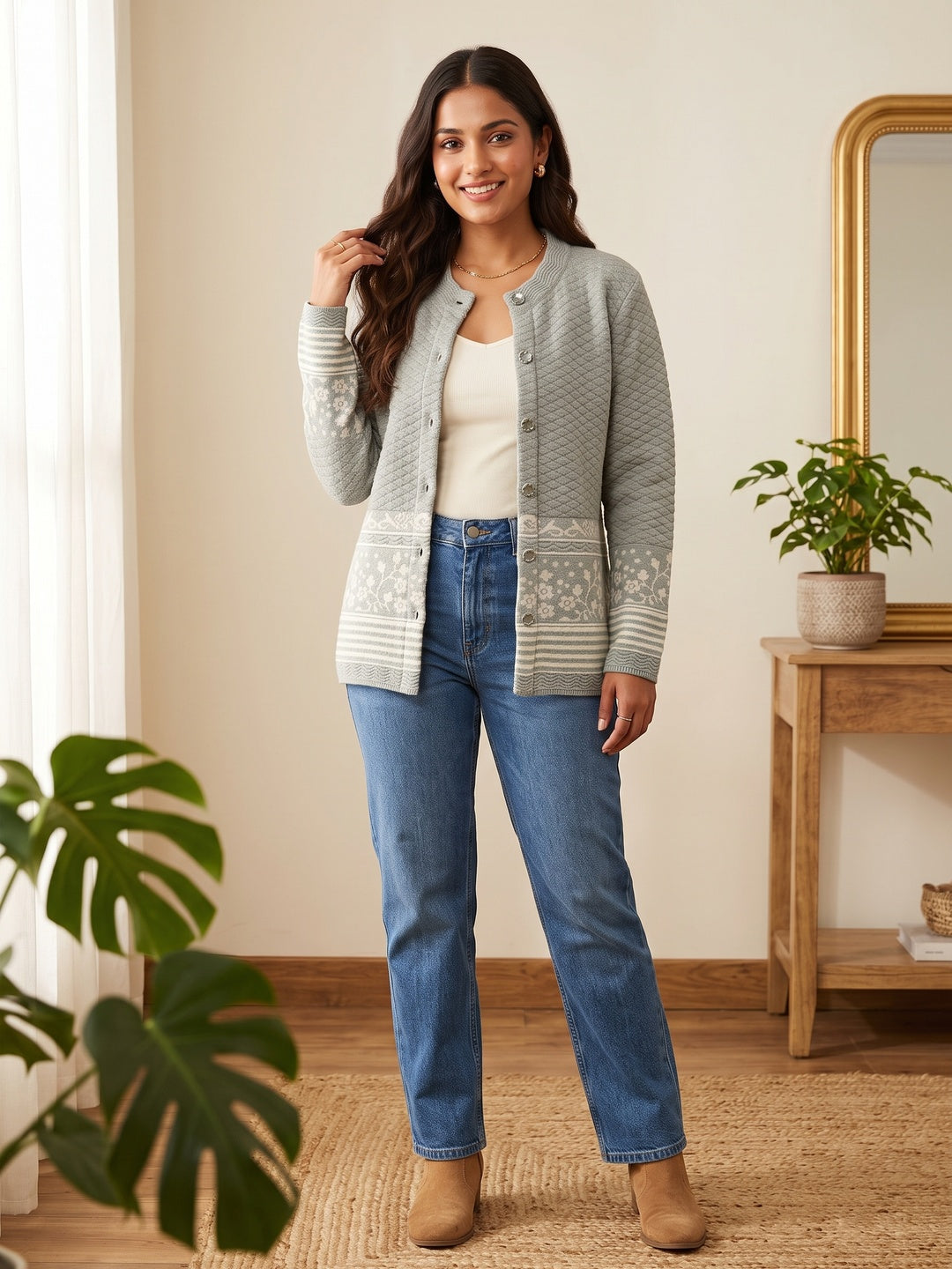 Grey Cozy Woven Wool Cardigan Designed For Comfortable Winter Layering - Image 1