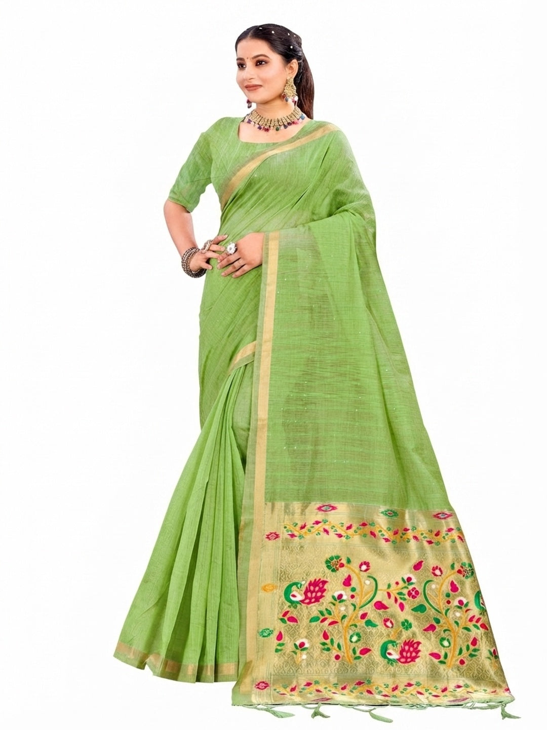 Peachmode Green Cotton Blend Varnika Cotton Saree - Image 5