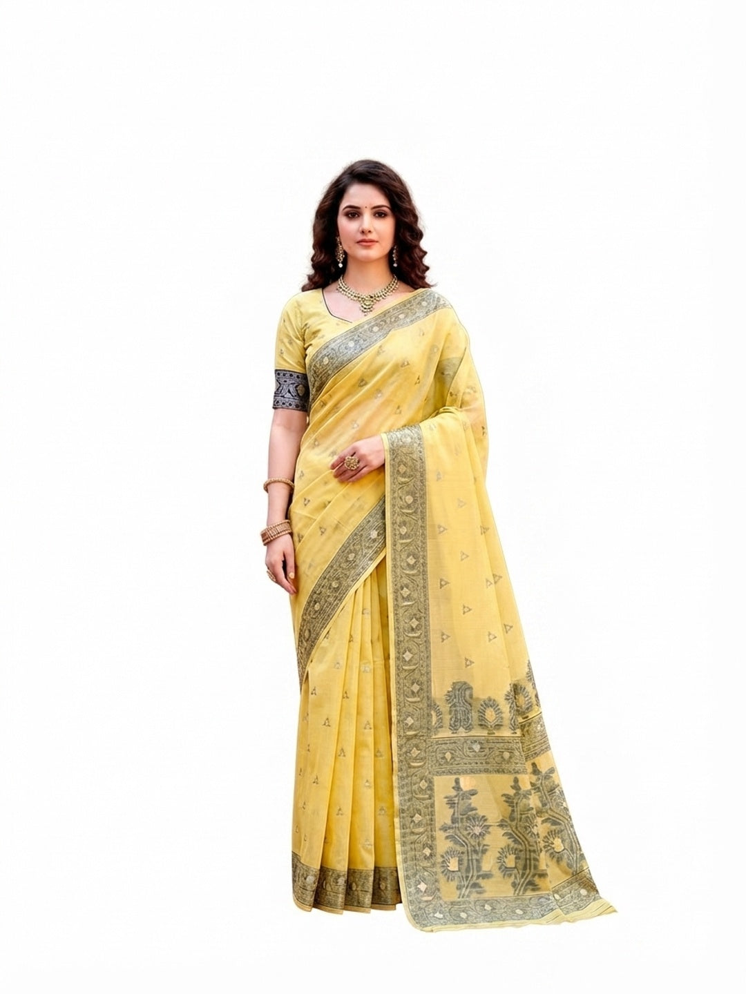 Peachmode Yellow Cotton Blend Urvi Cotton Saree - Image 7