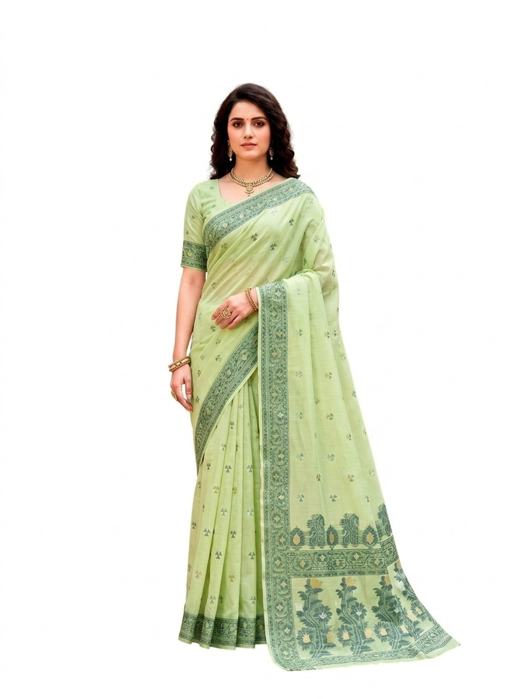 Peachmode Green Cotton Blend Urvi Cotton Saree - Image 7