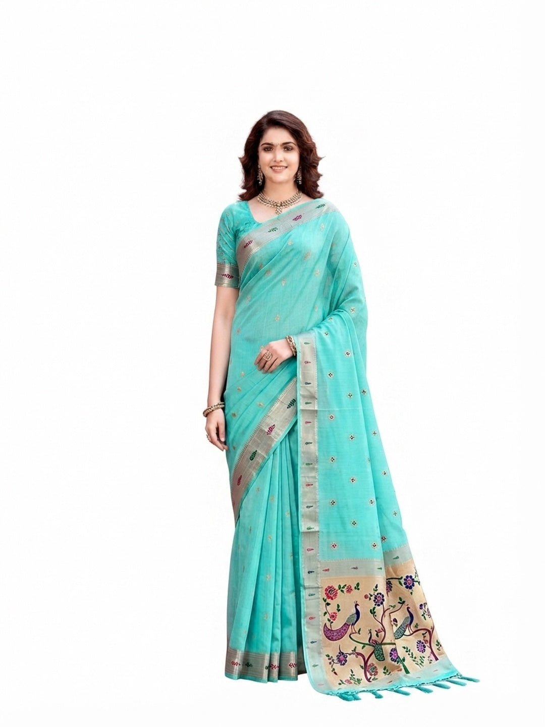 Peachmode Green Cotton Blend Tanya Cotton Saree - Image 5