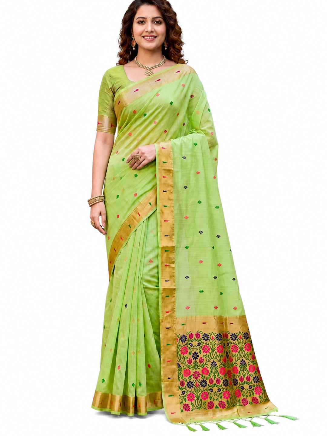 Peachmode Green Cotton Blend Rudrani Saree - Image 5