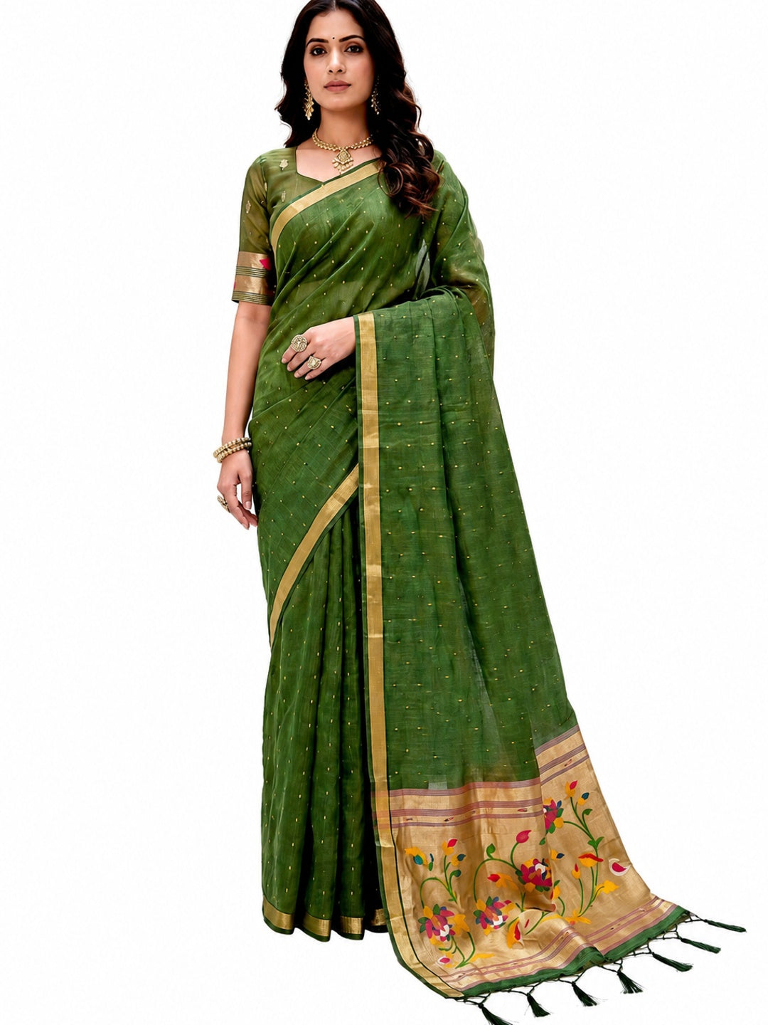 Peachmode Green Cotton Blend Prachi Cotton Saree - Image 6