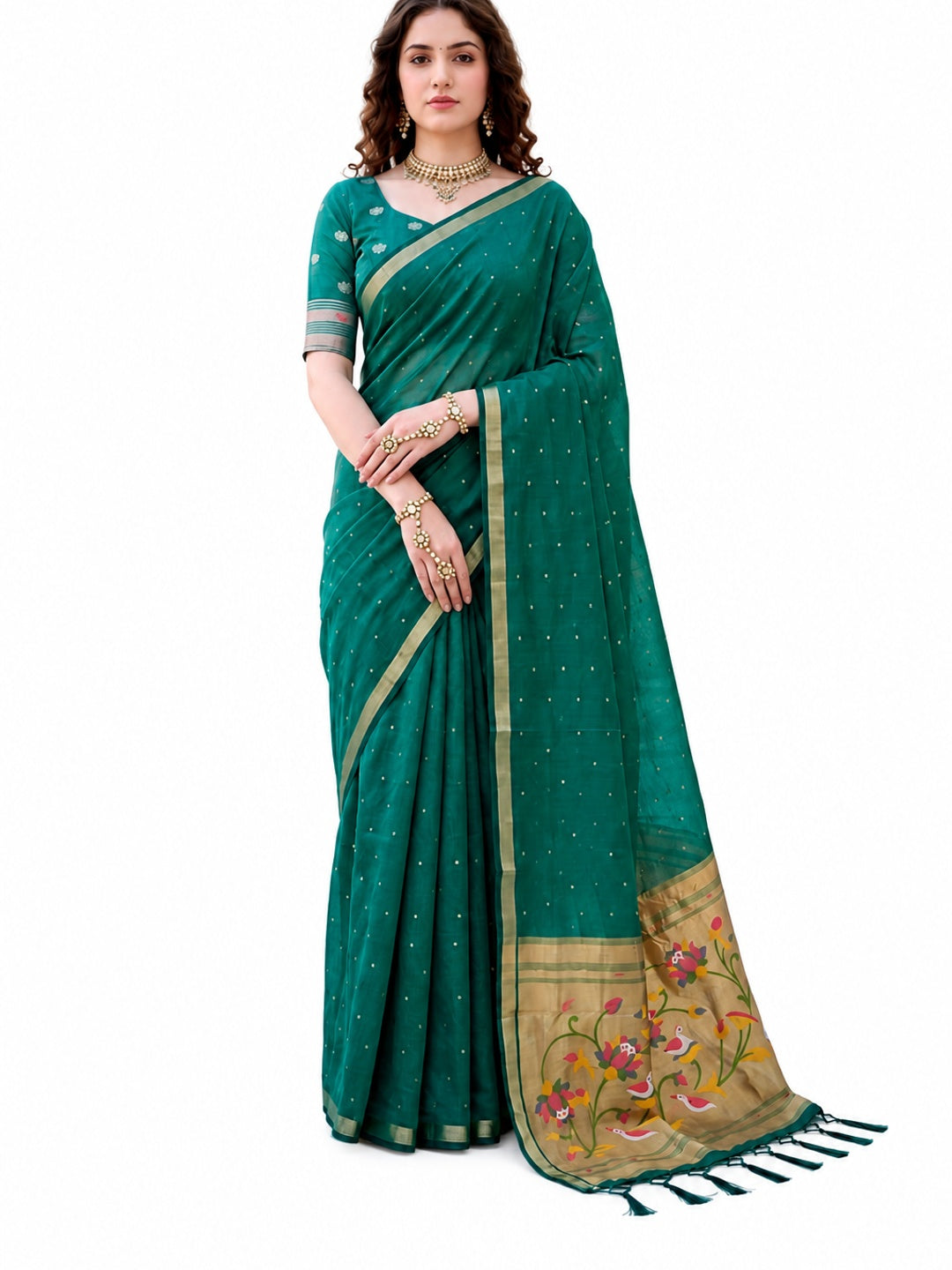Peachmode Emerald Green Cotton Blend Prachi Cotton Saree - Image 6