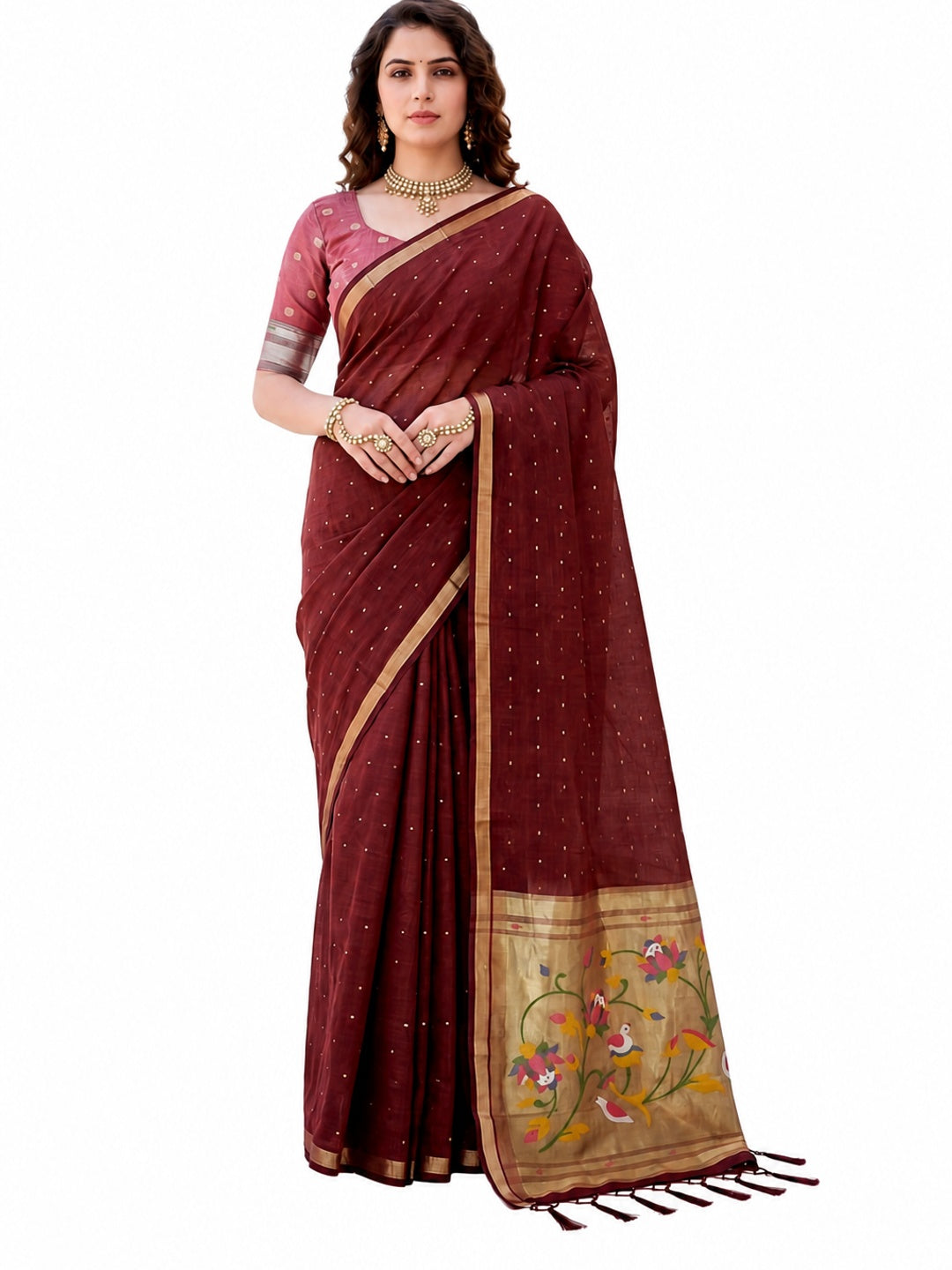 Peachmode Maroon Cotton Blend Prachi Cotton Saree - Image 6