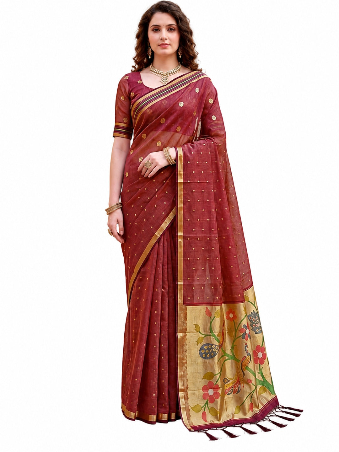 Peachmode Maroon Cotton Blend Prachi Cotton Saree - Image 6