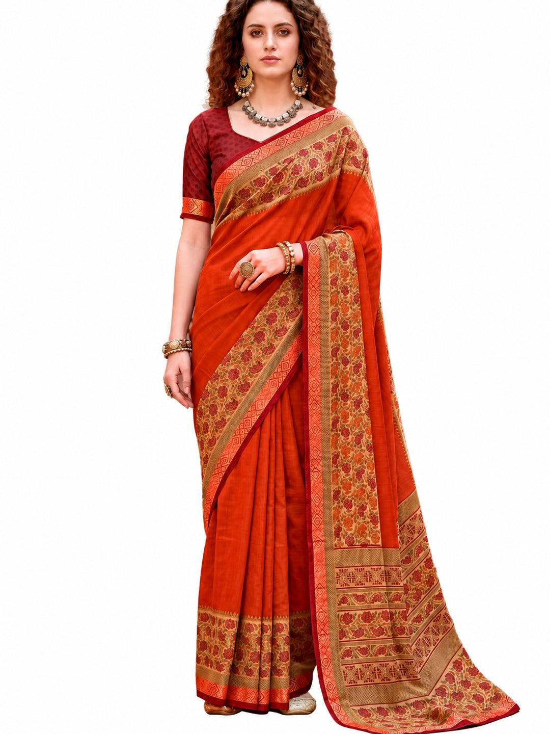 Peachmode Rusty Orange Cotton Blend Pankhuri Saree - Image 6