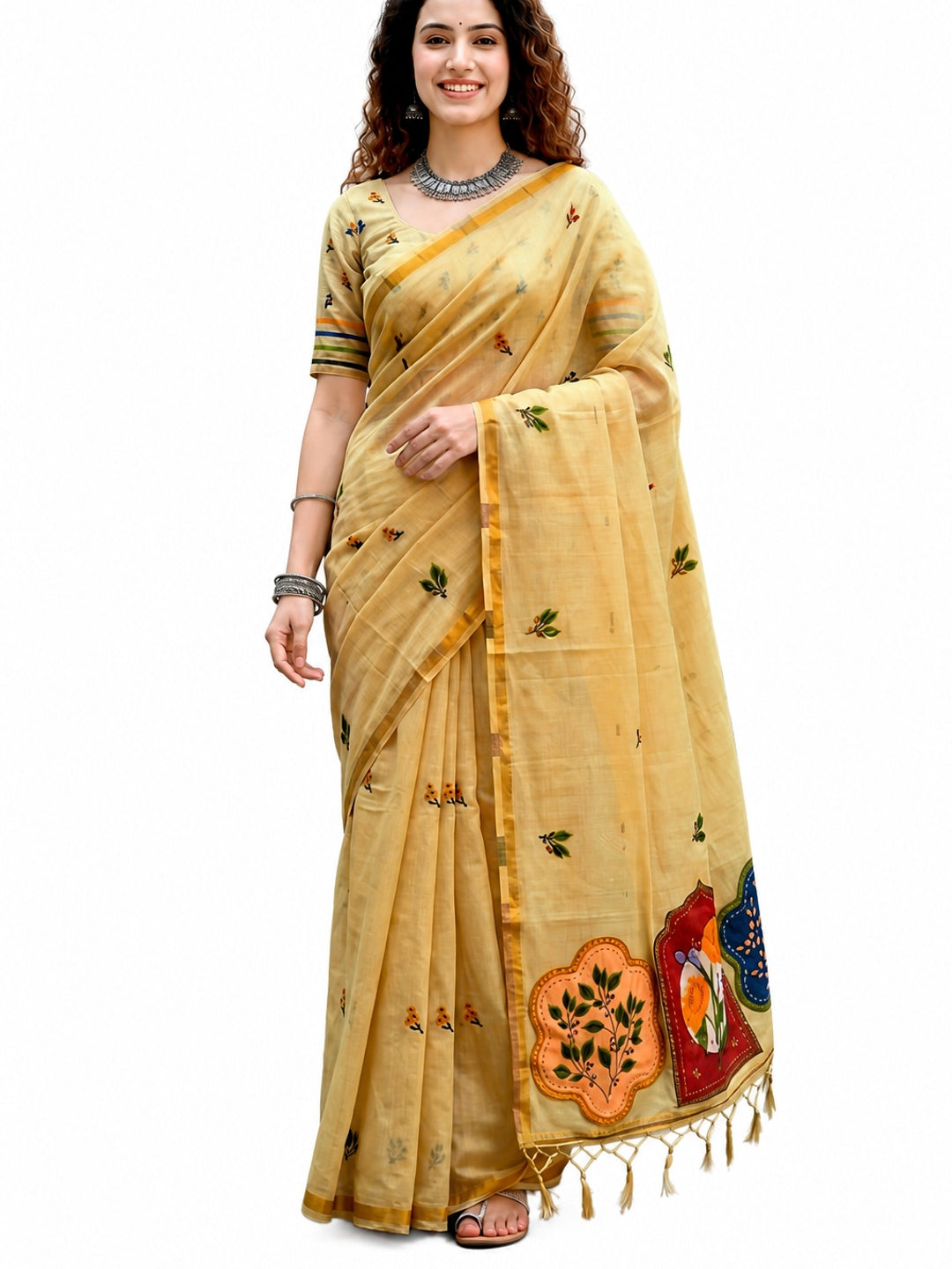 Peachmode Yellow Cotton Blend Mridula Saree - Image 6