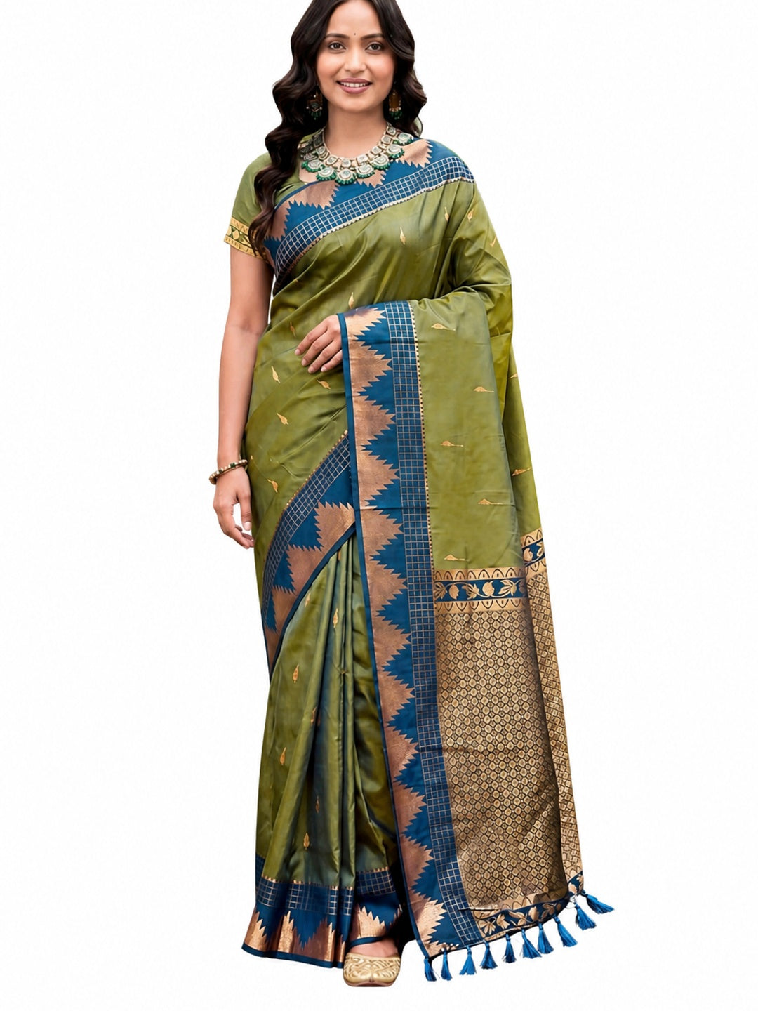 Peachmode Green Silk Blend Lichi Saree - Image 5