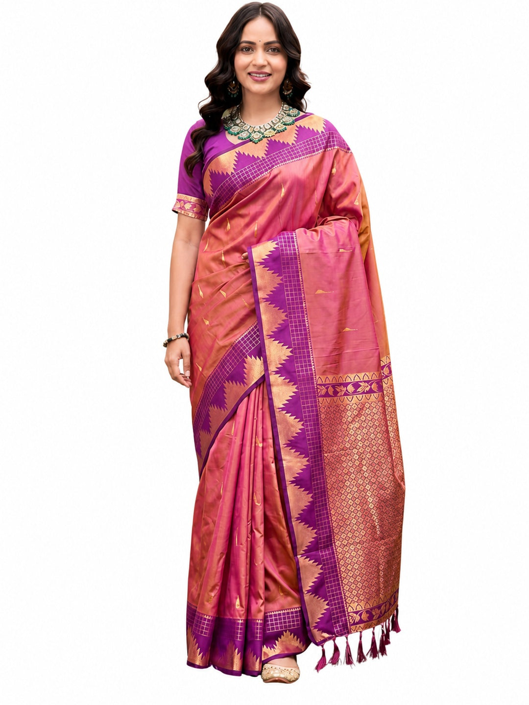 Peachmode Pink Silk Blend Lichi Saree - Image 5