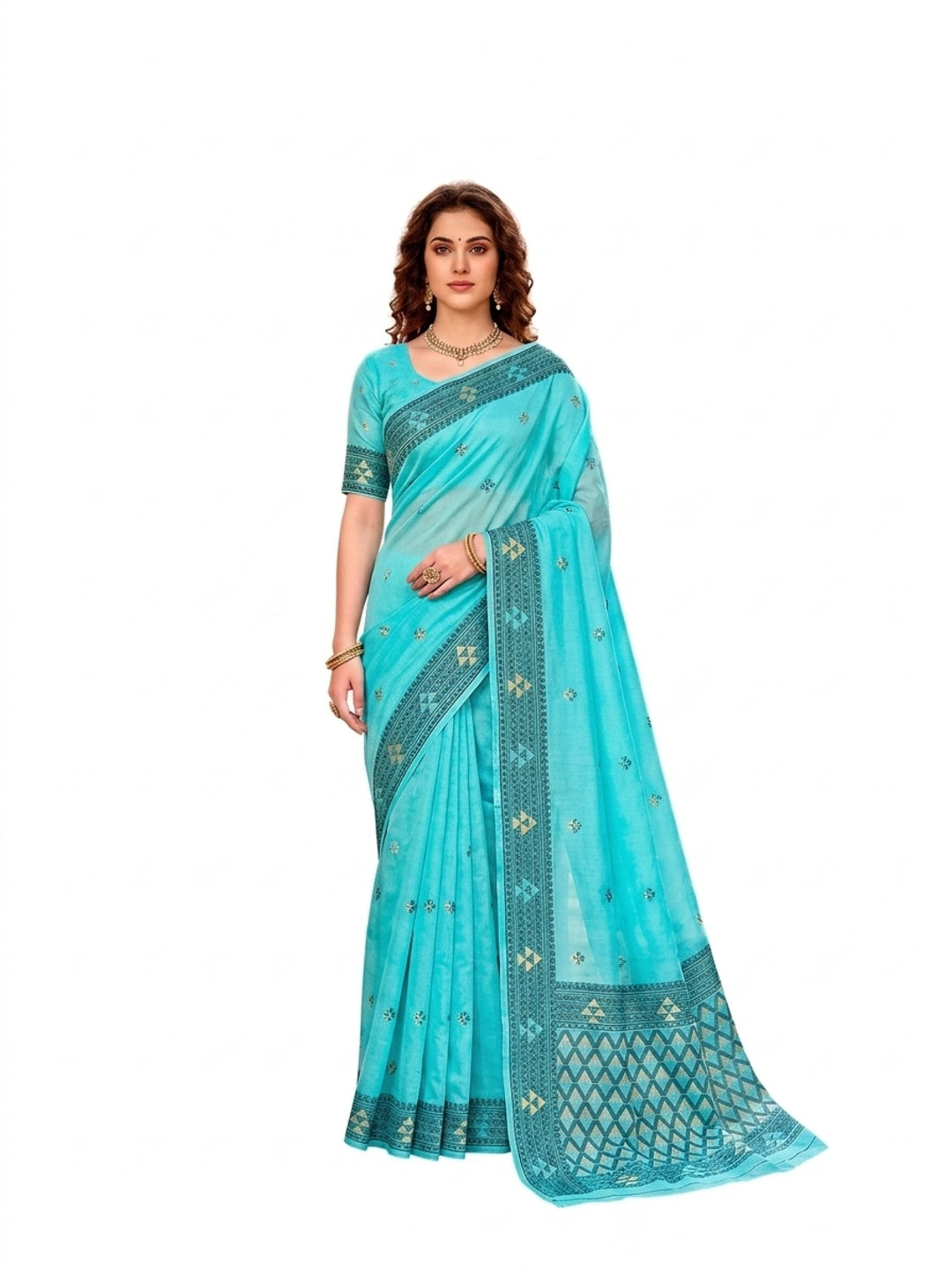 Peachmode Teal Blue Cotton Blend Kashvi Cotton Saree - Image 7