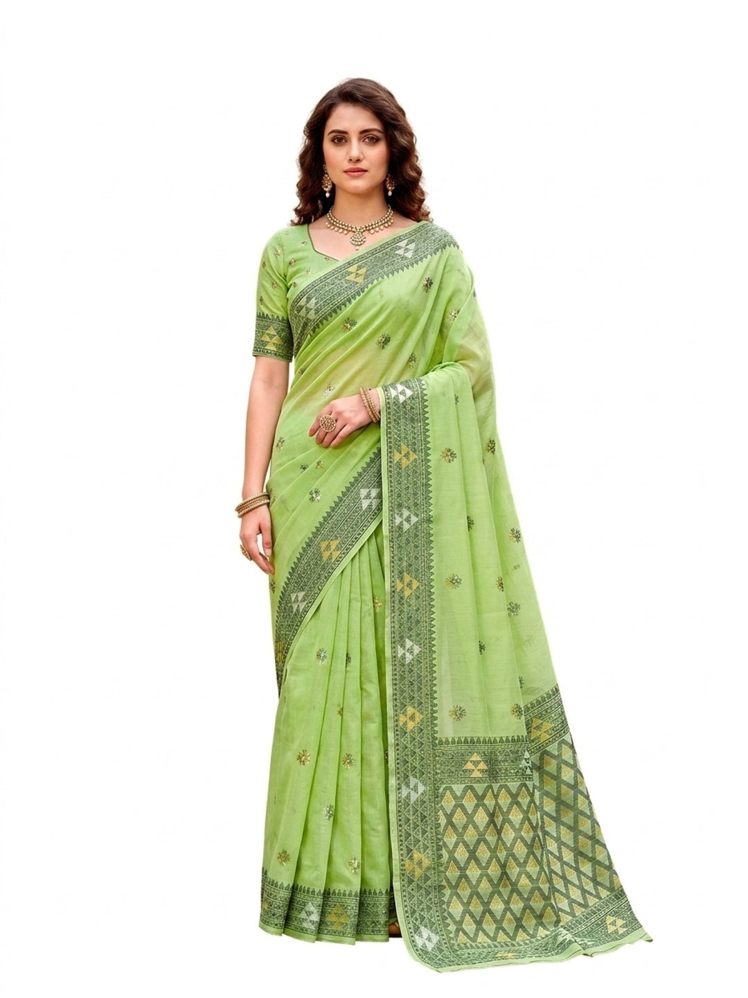 Peachmode Green Cotton Blend Kashvi Cotton Saree - Image 7