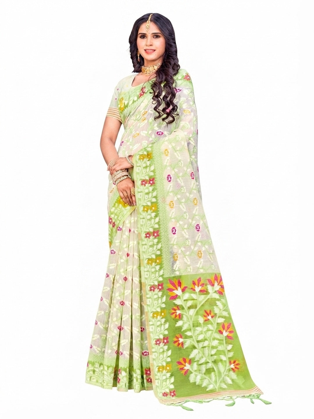 Peachmode Parrot Green Cotton Blend Saree - Image 4