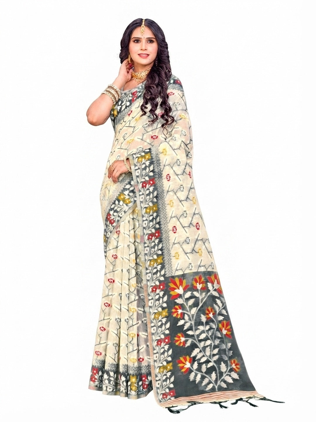 Peachmode Grey Cotton Blend Kashish-03 Saree - Image 4